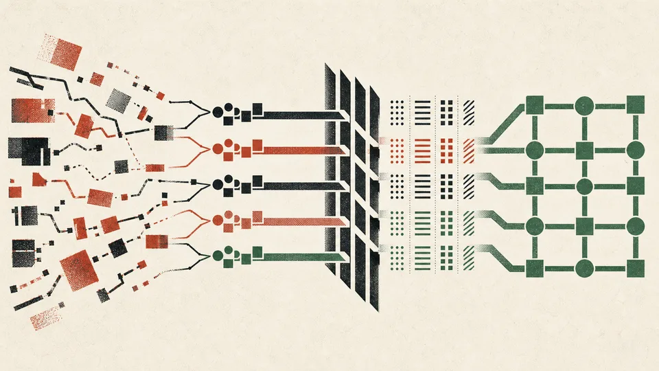 Abstract screen-print illustration of tangled code paths passing through a verification gate into a stable grid.