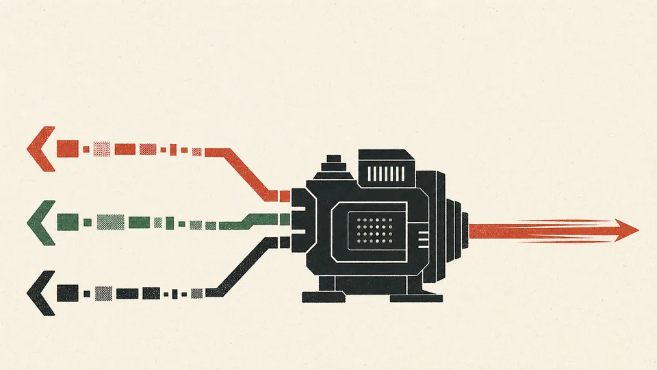 Abstract screen-print illustration of three tool paths converging through a computational engine.