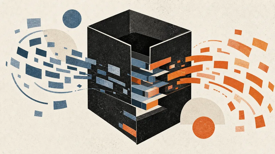 Abstract screen-print blocks flow through a dark central cube from muted blue into signal orange.