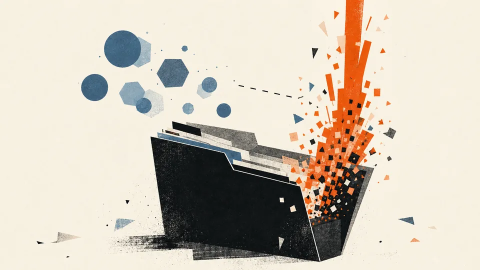 Charcoal geometric planes anchor a burst of orange fragments, with muted-blue circles and polygons drifting across a warm-paper field.